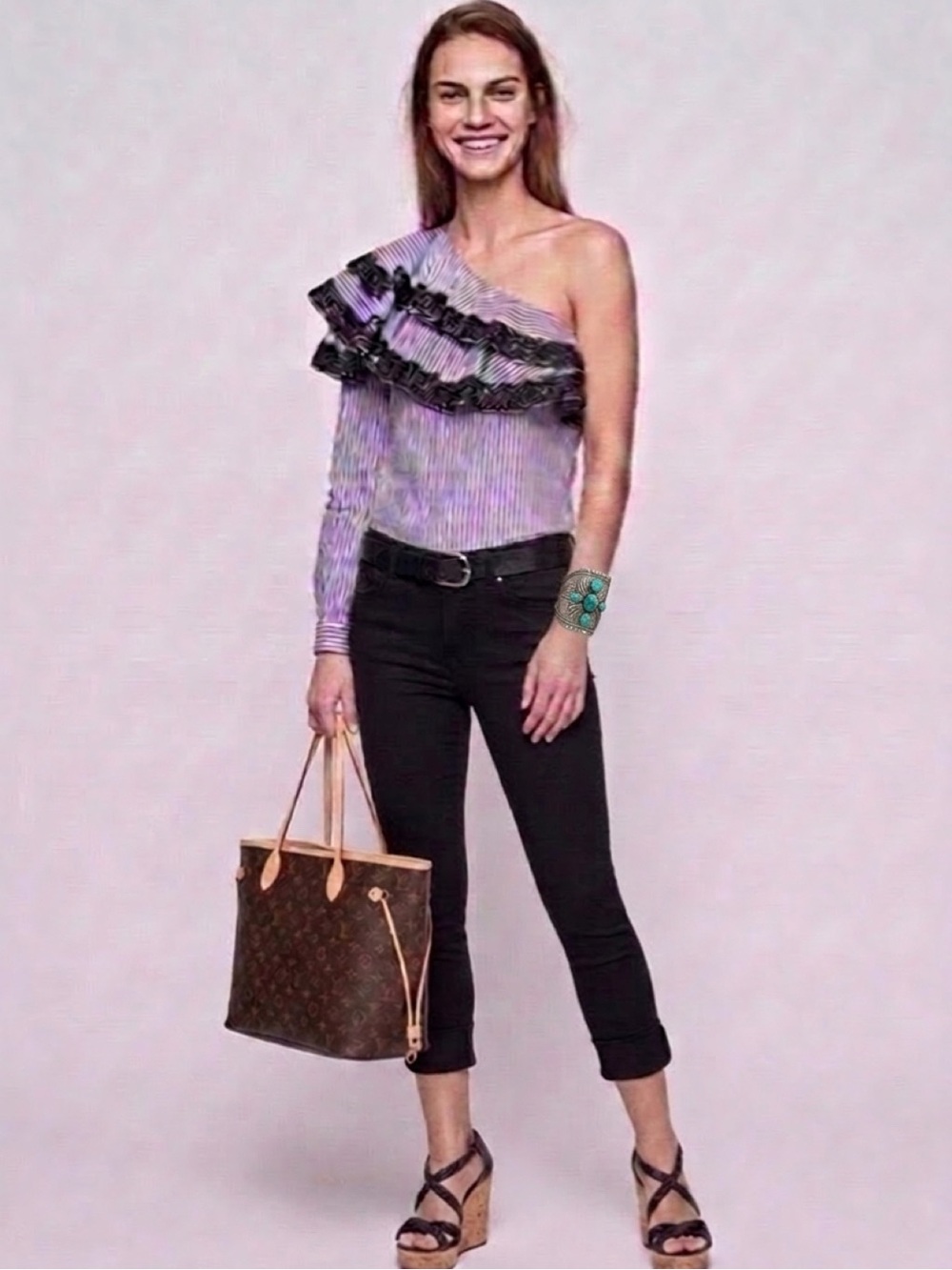 Veronica Beard Navy and White Striped One-Shoulder Ruffle Blouse - Picture 4 of 6